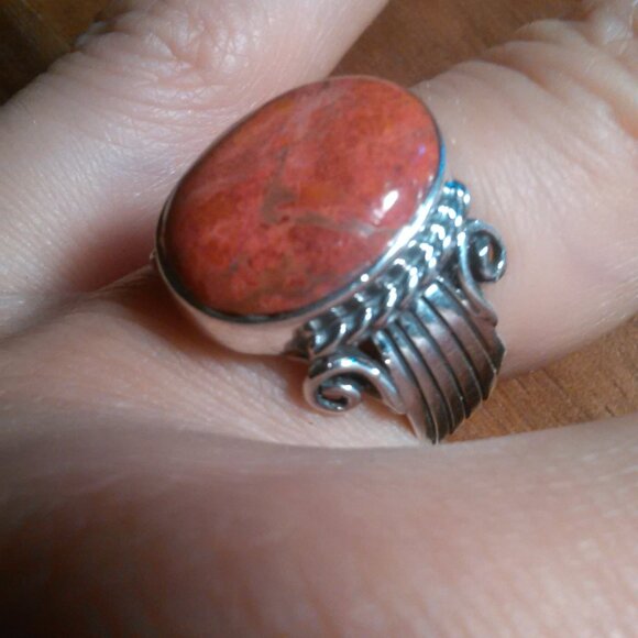 Santa Fe Style Enhanced Red Coral Sterling Silver Ring (Size 6) - Picture 2 of 15